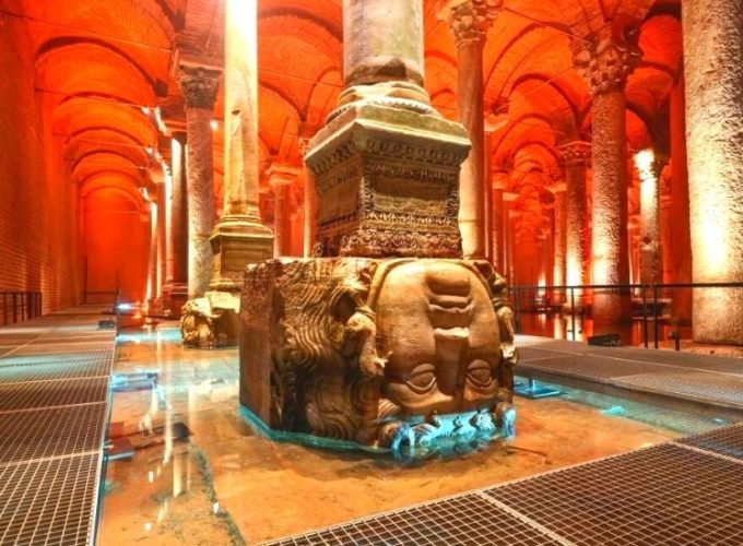 The Medusa head sculpture in the Basilica Cistern, featuring an upside-down placement of a mythical creature's head.