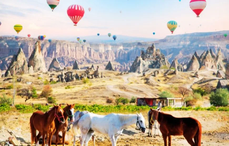Colorful hot air balloons flying over Cappadocia’s fairy chimneys at sunrise.