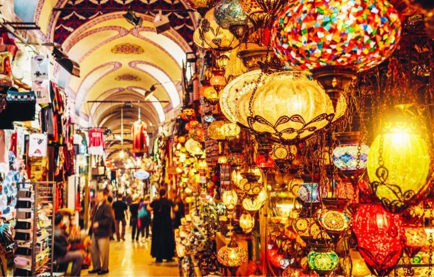 Vibrant stalls and shoppers at the Grand Bazaar in Istanbul.
