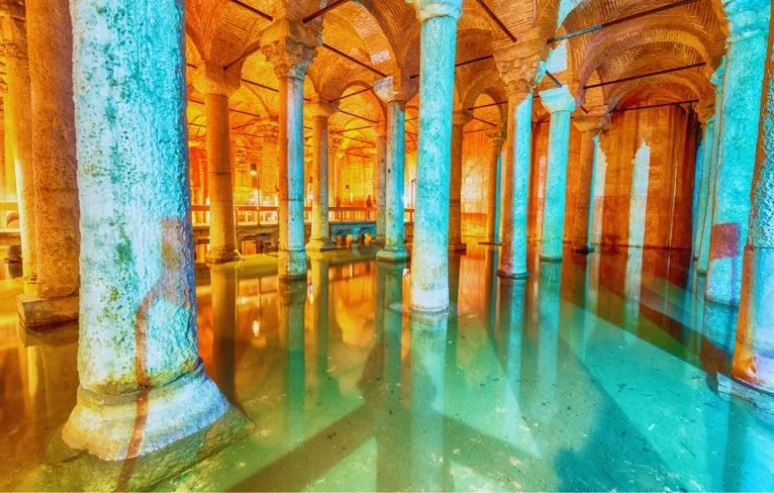 Ancient columns inside the Basilica Cistern in Istanbul, showcasing intricate architecture and atmospheric lighting.