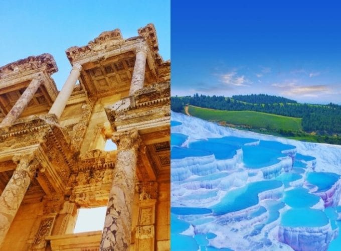 A day tour from Istanbul to Ephesus and Pamukkale, showcasing ancient ruins and breathtaking natural landscapes in Turkey.