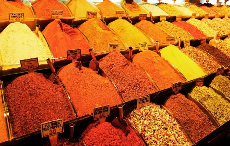 A vibrant assortment of spices at the Grand Bazaar in Istanbul, offering exotic flavors and colors