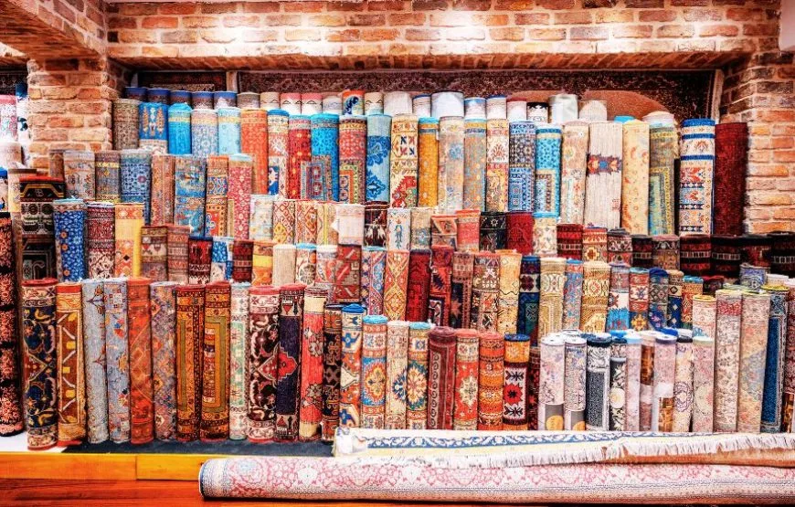 Handcrafted Turkish carpets displayed at the Grand Bazaar, reflecting traditional artistry and craftsmanship