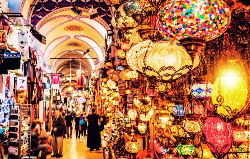 Colorful Turkish mosaic lamps illuminating a shop in the Grand Bazaar, a perfect blend of art and functionality