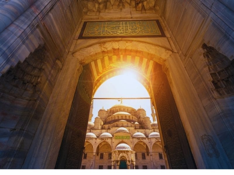 Exterior view of the Blue Mosque in Istanbul, showcasing its iconic domes and minarets.