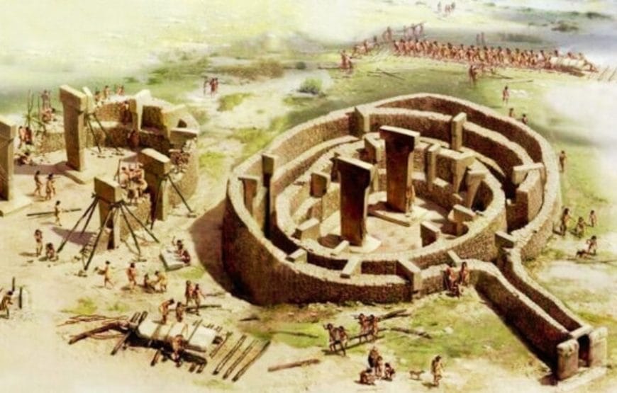 Reconstructed view of Gobeklitepe, showcasing ancient circular enclosures and T-shaped pillars.