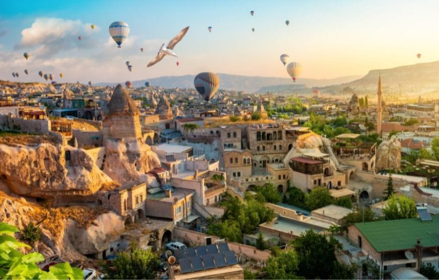 Breathtaking panoramic view of Cappadocia’s valleys, fairy chimneys, and unique rock formations.