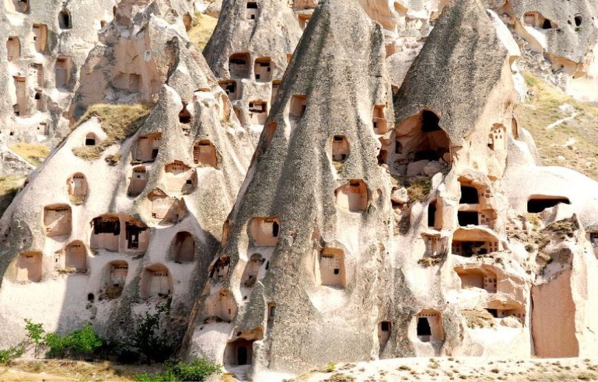 Unique cave rock formations in Cappadocia, Turkey, shaped by centuries of natural erosion.