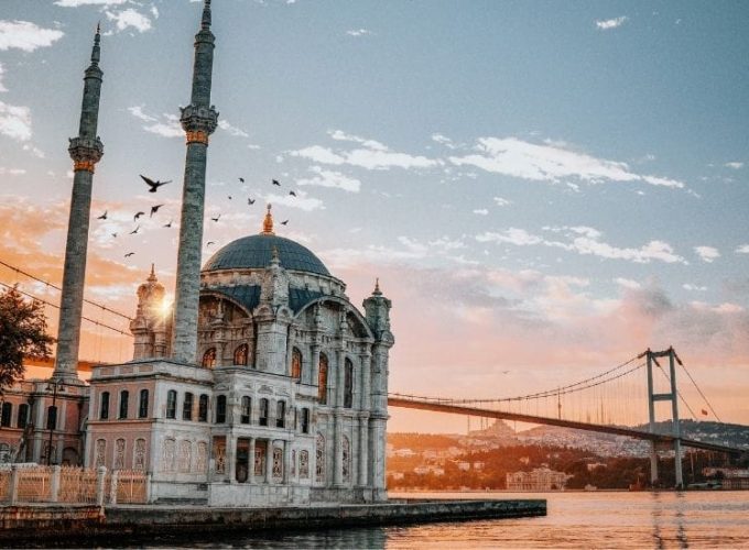 Scenic view of Ortaköy Mosque in Istanbul, Turkey, with the Bosphorus Bridge in the background.